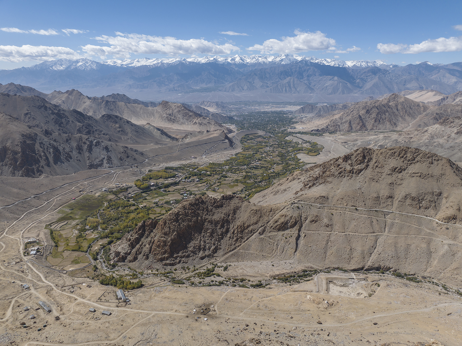 Leh in the distance from the road to Nubra