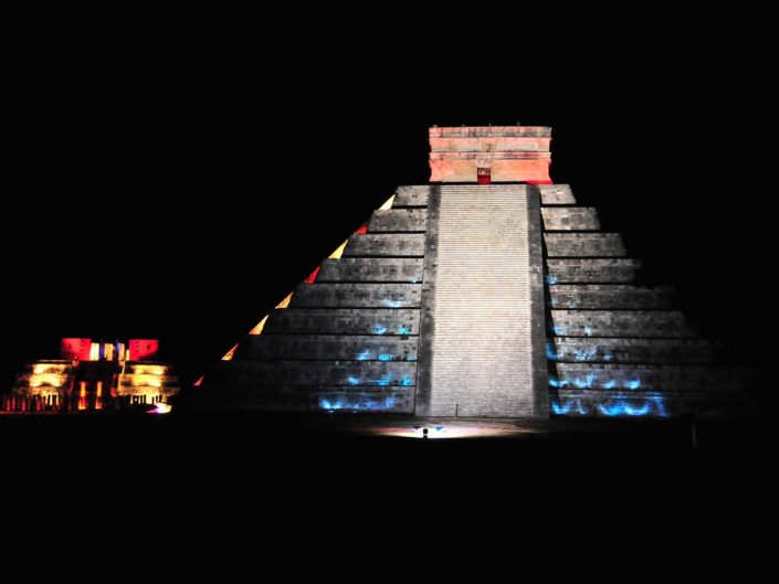 Pyramid of Chichen Itza at night during the light and sound show